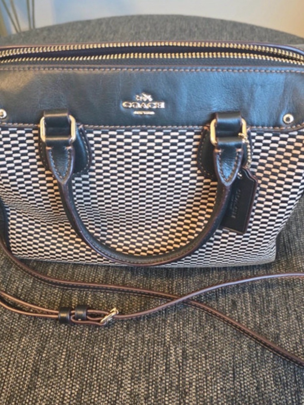 Coach Black and White Checkered Satchel with Brown Leather Trim - Picture 3 of 8